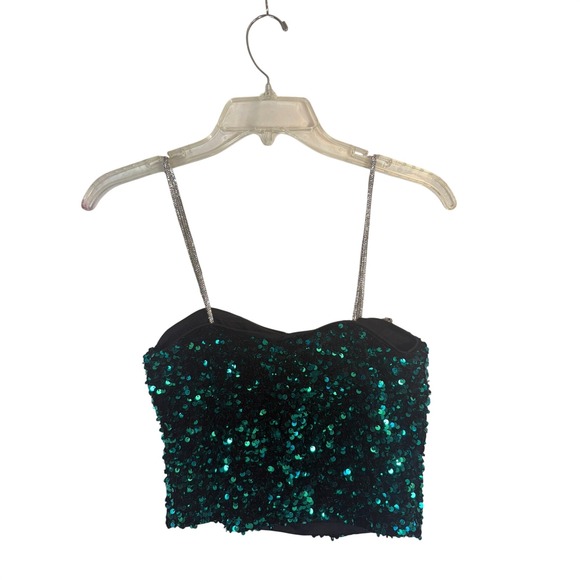 Love On A Hanger Sequin NWT Bow Crop Top Emerald Green Silver Sparkle Y2K Glam - Picture 2 of 7